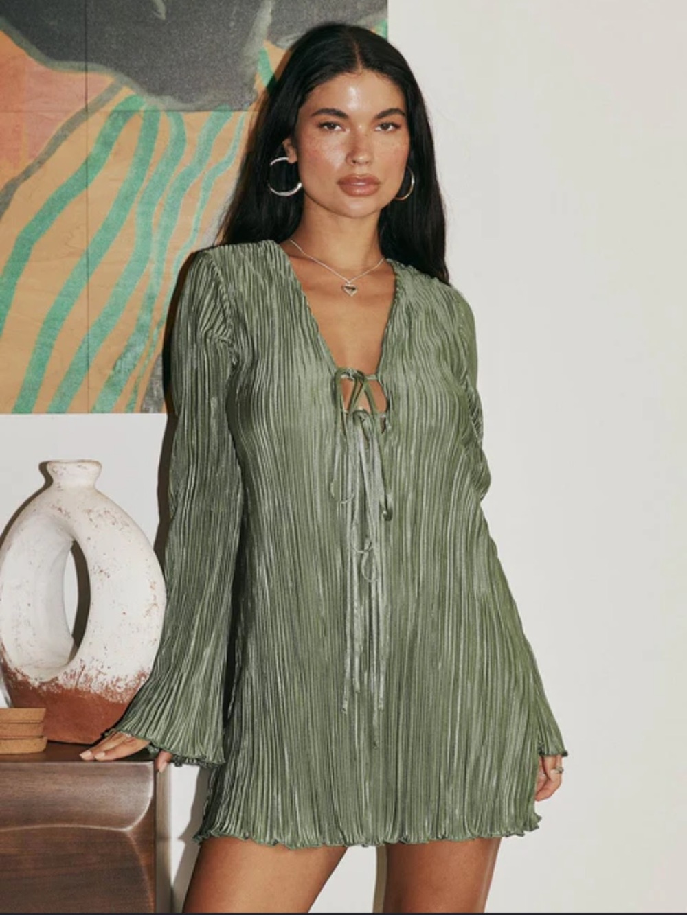 Nwt Sage Pleated Tie-Front Long Sleeve Mini Dress vacation night 10 medium